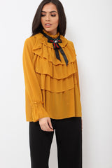 Mustard Sheer Ruffle Blouse with Striped Neck Tie - Viktoria-Shirts