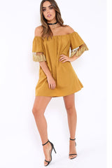 Mustard Shift Dress With Tassle Sleeves - Danielle-Dresses