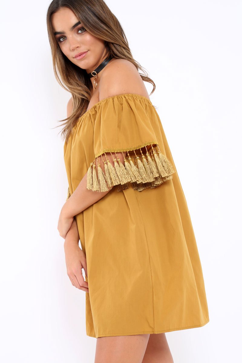 Mustard Shift Dress With Tassle Sleeves - Danielle-Dresses
