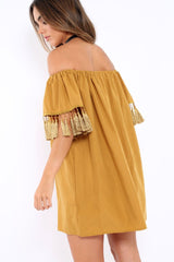 Mustard Shift Dress With Tassle Sleeves - Danielle-Dresses