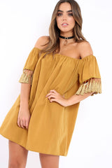Mustard Shift Dress With Tassle Sleeves - Danielle-Dresses