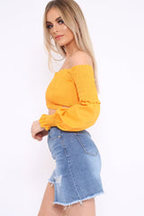 Mustard Shirred Bardot Crop Top - Abisha-Crop Tops