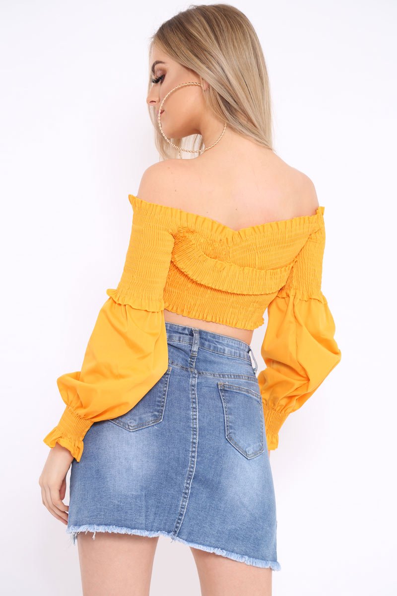 Mustard Shirred Bardot Crop Top - Abisha-Crop Tops