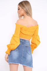 Mustard Shirred Bardot Crop Top - Abisha-Crop Tops