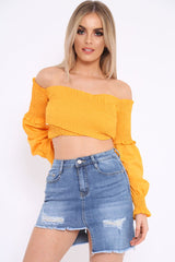 Mustard Shirred Bardot Crop Top - Abisha-Crop Tops