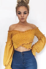 Mustard Shirred Wrap Over Bardot Crop Top - Zuri-Crop Tops