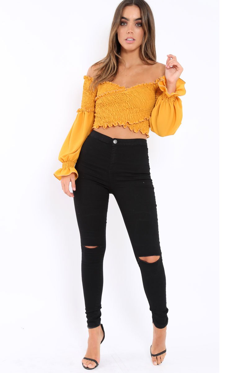 Mustard Shirred Wrap Over Bardot Crop Top - Zuri-Crop Tops