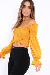 Mustard Shirred Wrap Over Bardot Crop Top - Zuri-Crop Tops