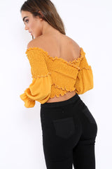 Mustard Shirred Wrap Over Bardot Crop Top - Zuri-Crop Tops