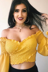 Mustard Shirred Wrap Over Bardot Crop Top - Zuri-Crop Tops
