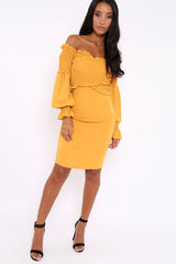 Mustard Shirred Wrap Over Bardot Mini Dress - Natasha-Dresses
