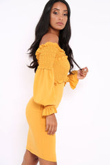Mustard Shirred Wrap Over Bardot Mini Dress - Natasha-Dresses