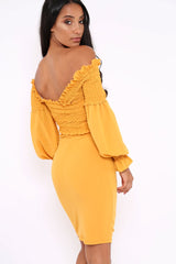 Mustard Shirred Wrap Over Bardot Mini Dress - Natasha-Dresses