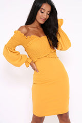 Mustard Shirred Wrap Over Bardot Mini Dress - Natasha-Dresses