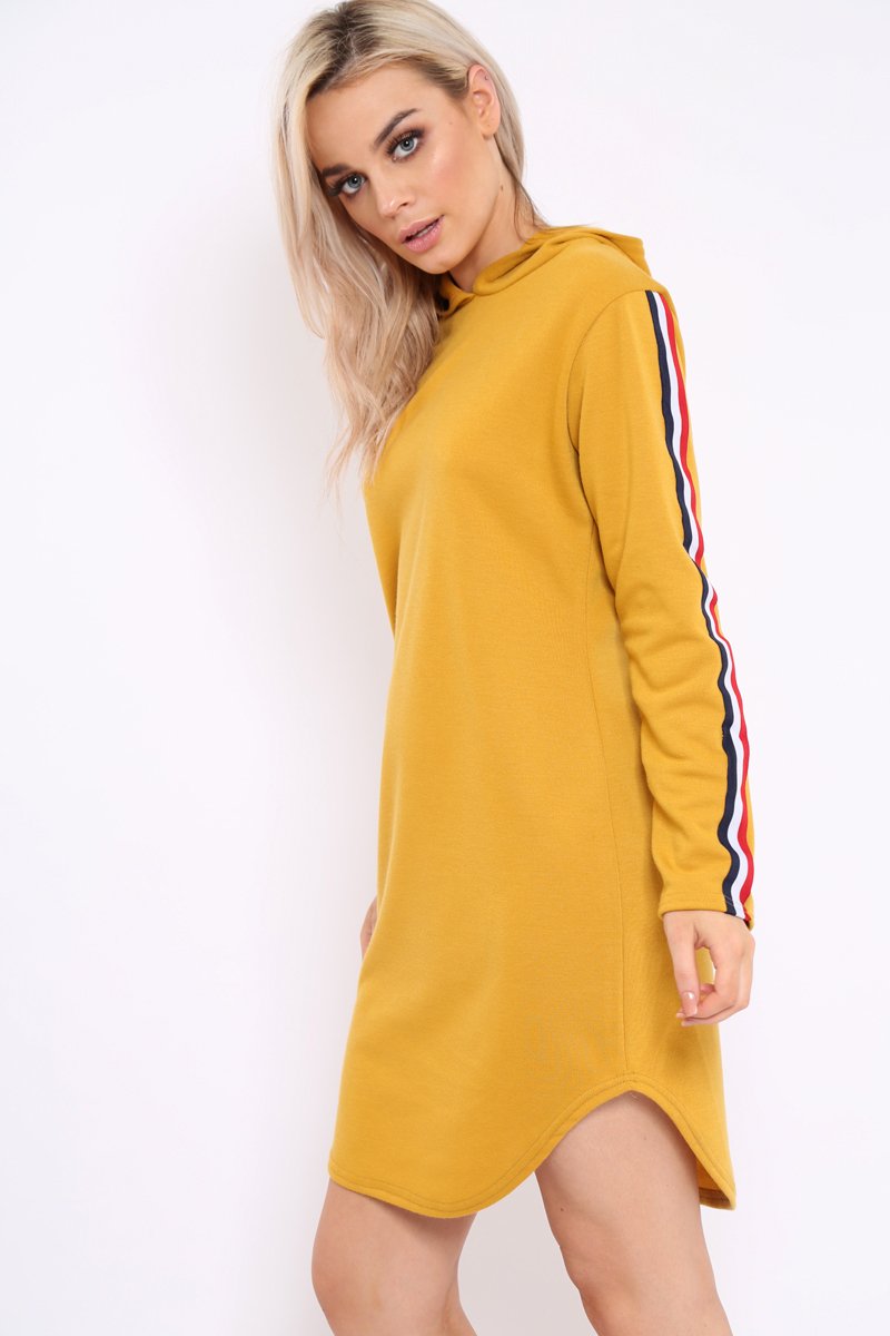 Mustard Sleeve Sports Trim Curve Hem Jumper Dress - Dixie-Dresses