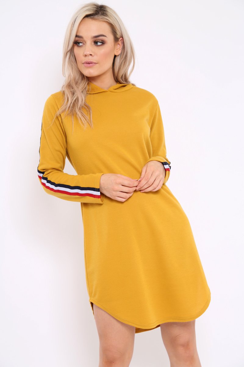 Mustard Sleeve Sports Trim Curve Hem Jumper Dress - Dixie-Dresses