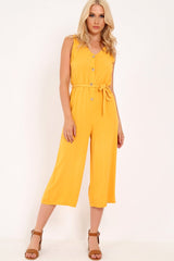 Mustard Sleeveless Button Down Culotte Jumpsuit - Kalanni-Jumpsuits