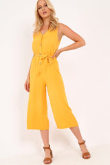 Mustard Sleeveless Button Down Culotte Jumpsuit - Kalanni-Jumpsuits