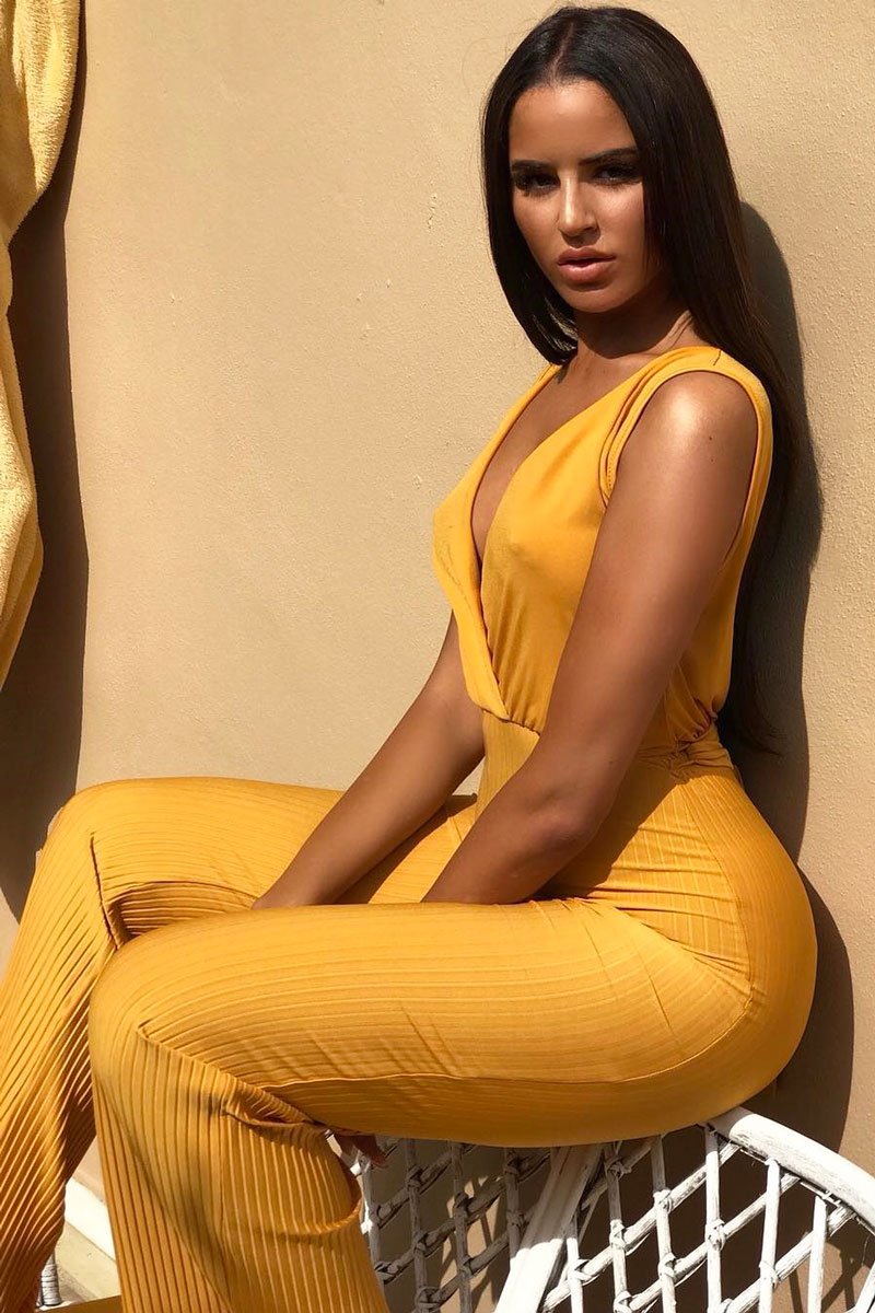 Mustard Slinky Plunge Wide Leg Jumpsuit - Fergie-Jumpsuits