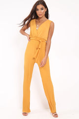 Mustard Slinky Plunge Wide Leg Jumpsuit - Fergie-Jumpsuits