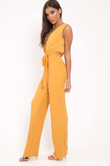 Mustard Slinky Plunge Wide Leg Jumpsuit - Fergie-Jumpsuits