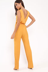 Mustard Slinky Plunge Wide Leg Jumpsuit - Fergie-Jumpsuits