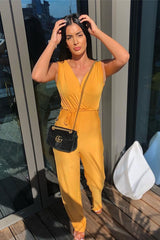 Mustard Slinky Plunge Wide Leg Jumpsuit - Fergie-Jumpsuits