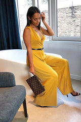 Mustard Slinky Plunge Wide Leg Jumpsuit - Fergie-Jumpsuits