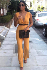 Mustard Slinky Plunge Wide Leg Jumpsuit - Fergie-Jumpsuits