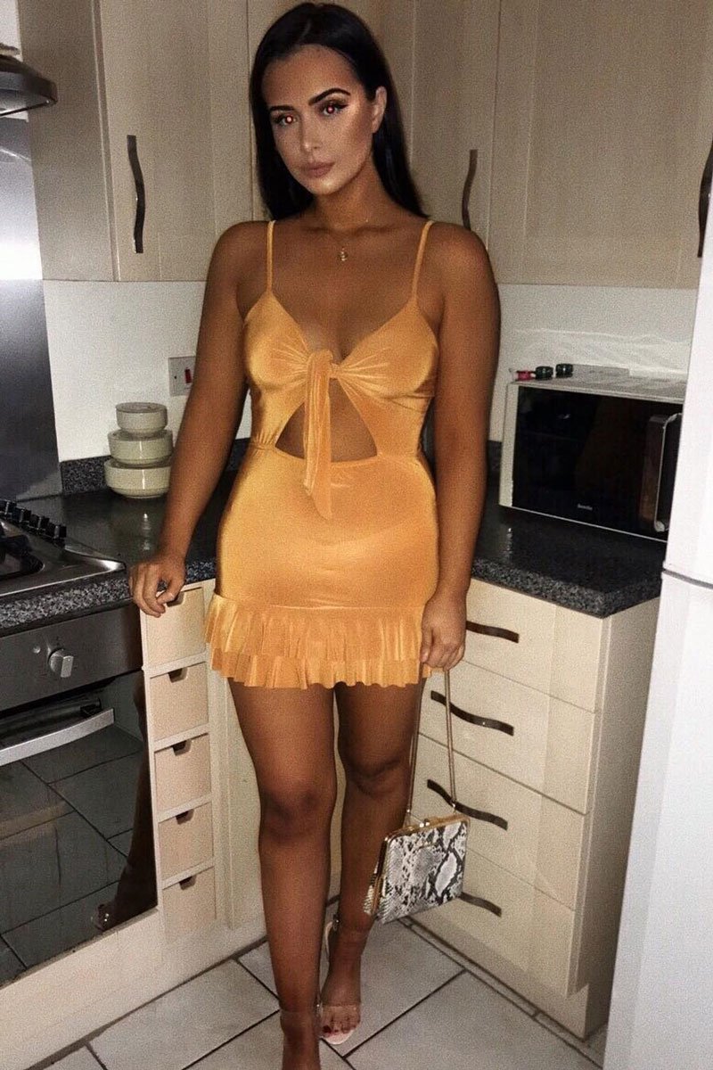Mustard Slinky Tie Front Ruffle Dress - Keli-Dresses