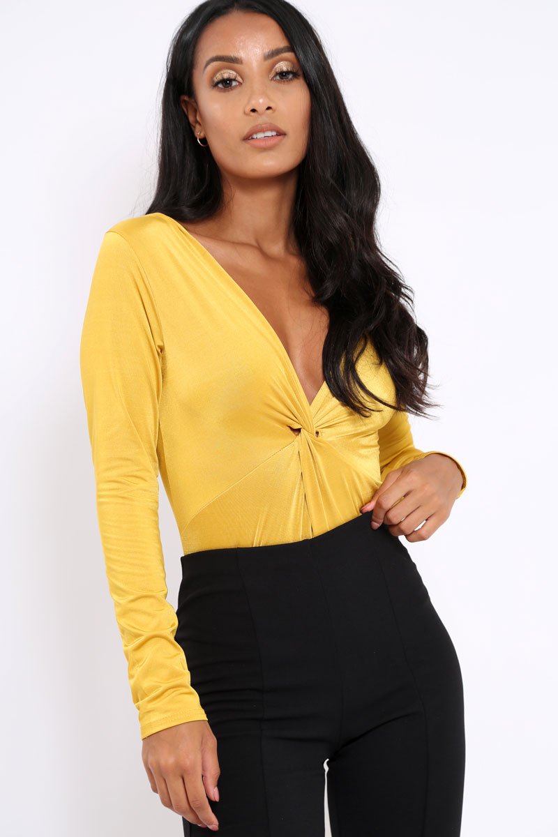 Mustard Slinky Twist Front Bodysuit - Gretchen-Bodysuits