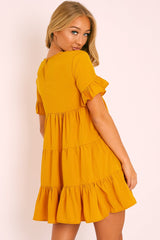Mustard Smock Tiered Frill Sleeve Mini Dress - Olah-Dresses