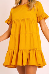 Mustard Smock Tiered Frill Sleeve Mini Dress - Olah-Dresses