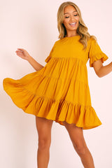 Mustard Smock Tiered Frill Sleeve Mini Dress - Olah-Dresses