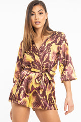 Mustard Snake Satin Plunge Belted Playsuit - Violet-Playsuits