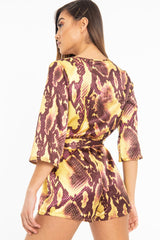 Mustard Snake Satin Plunge Belted Playsuit - Violet-Playsuits
