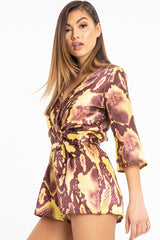 Mustard Snake Satin Plunge Belted Playsuit - Violet-Playsuits