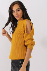 Mustard Sparkle Knitted Cold Shoulder Jumper - May-Jumper