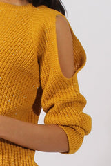 Mustard Sparkle Knitted Cold Shoulder Jumper - May-Jumper