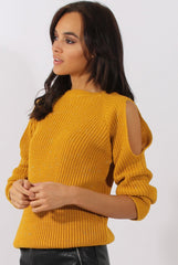 Mustard Sparkle Knitted Cold Shoulder Jumper - May-Jumper