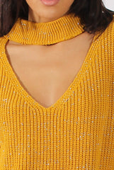 Mustard Sparkle Knitted Cut Out Front Jumper - Meri-Jumper