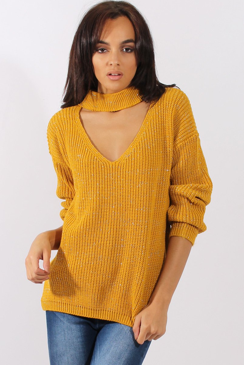 Mustard Sparkle Knitted Cut Out Front Jumper - Meri-Jumper