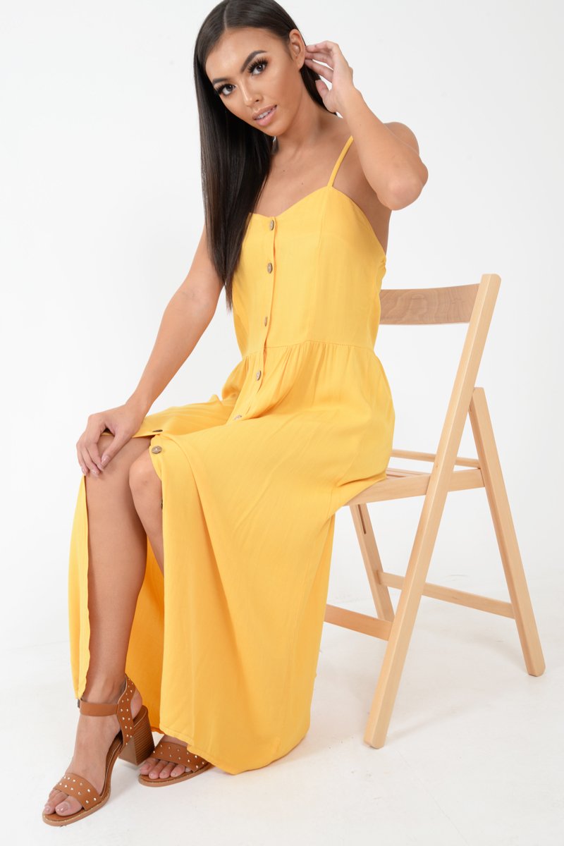 Mustard Strappy Button Down Midi Dress - Shaelee-Dresses