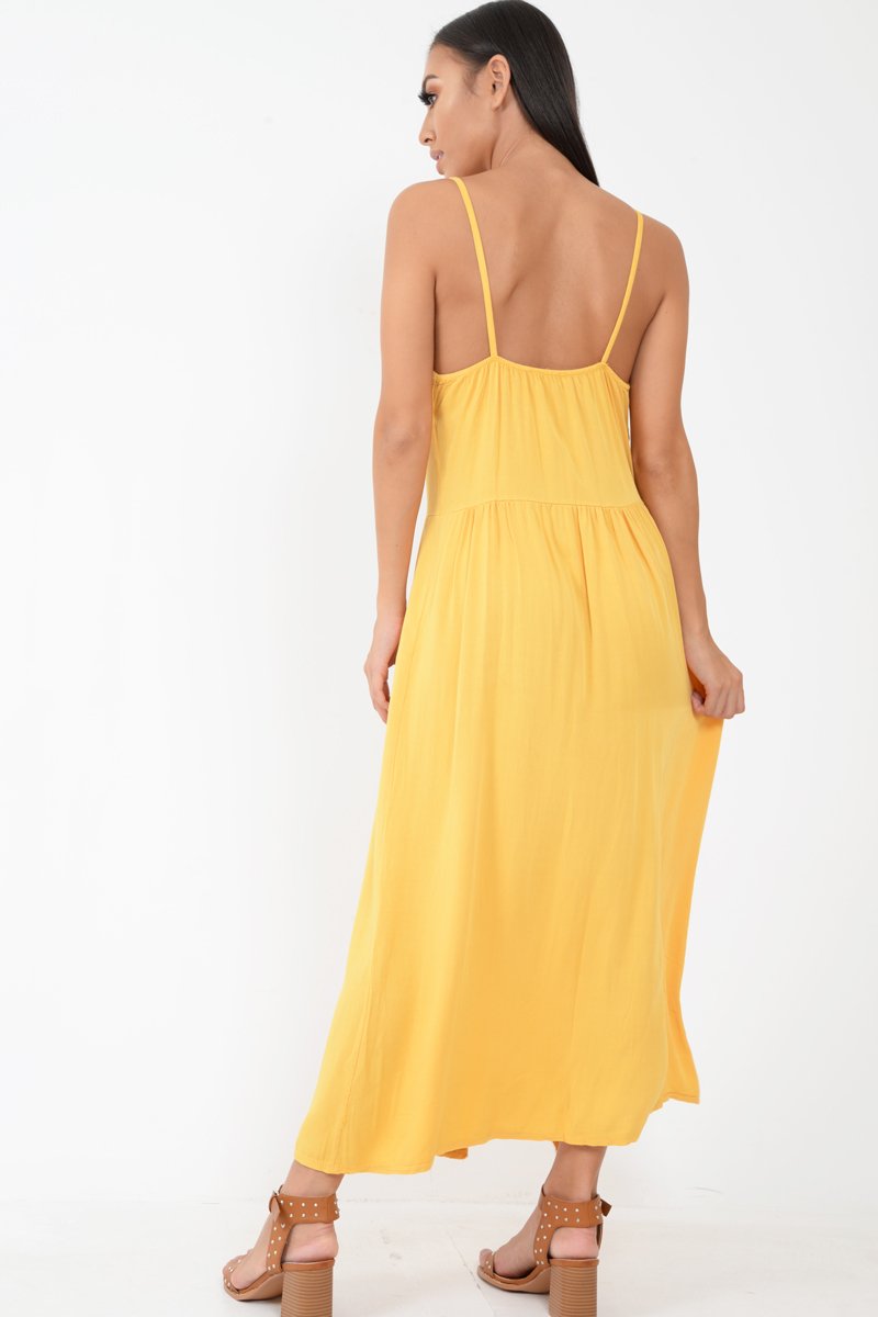Mustard Strappy Button Down Midi Dress - Shaelee-Dresses