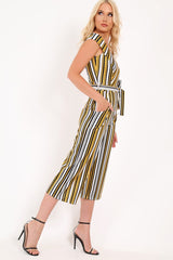 Mustard Stripe Bardot Culotte Jumpsuit - Idania-Jumpsuits