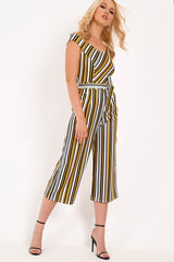 Mustard Stripe Bardot Culotte Jumpsuit - Idania-Jumpsuits