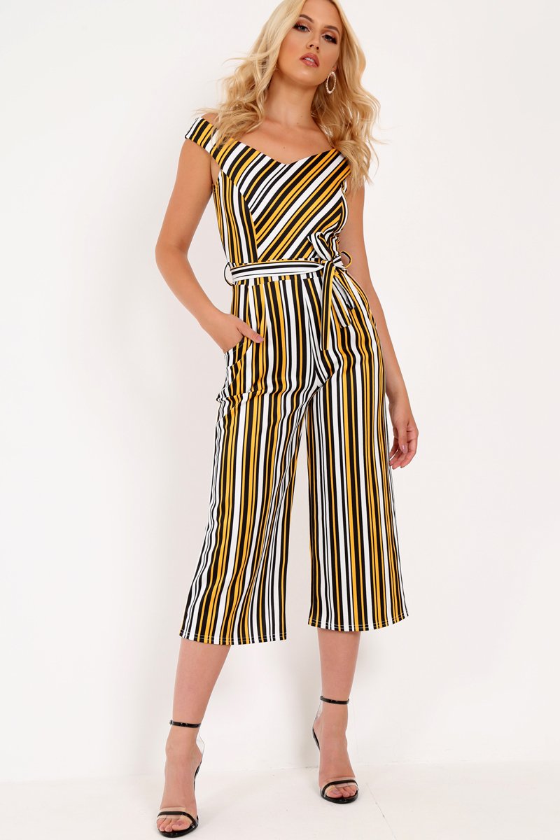 Mustard Stripe Bardot Culotte Jumpsuit - Idania-Jumpsuits