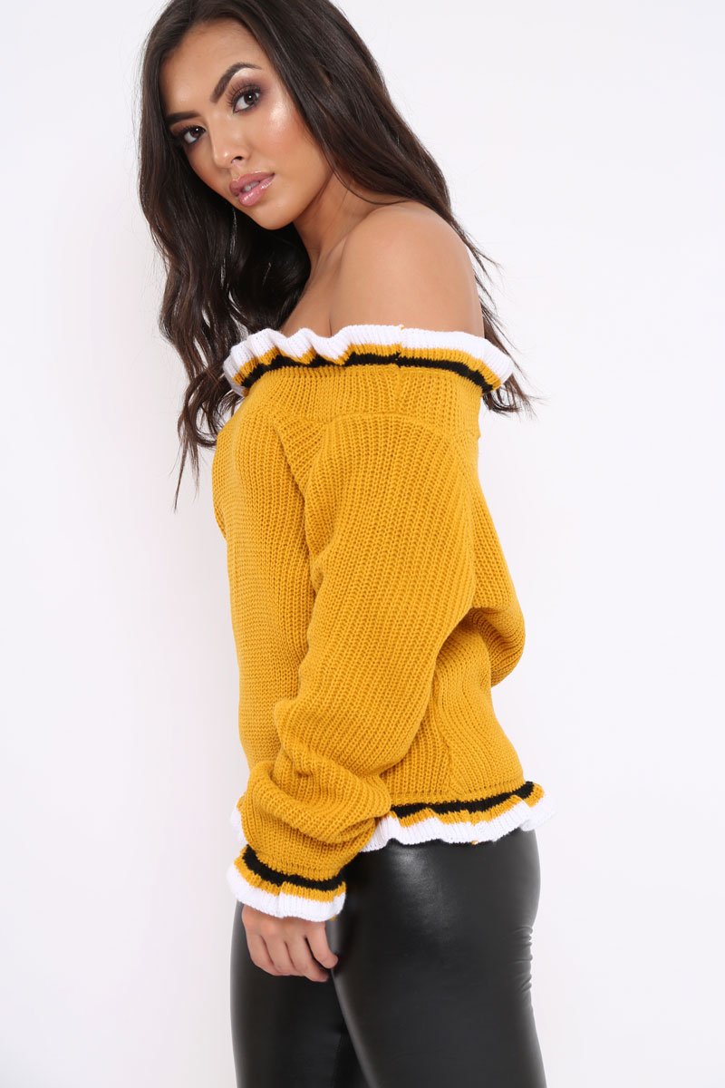 Mustard Stripe Bardot Knitted Jumper - Bailey-Dresses
