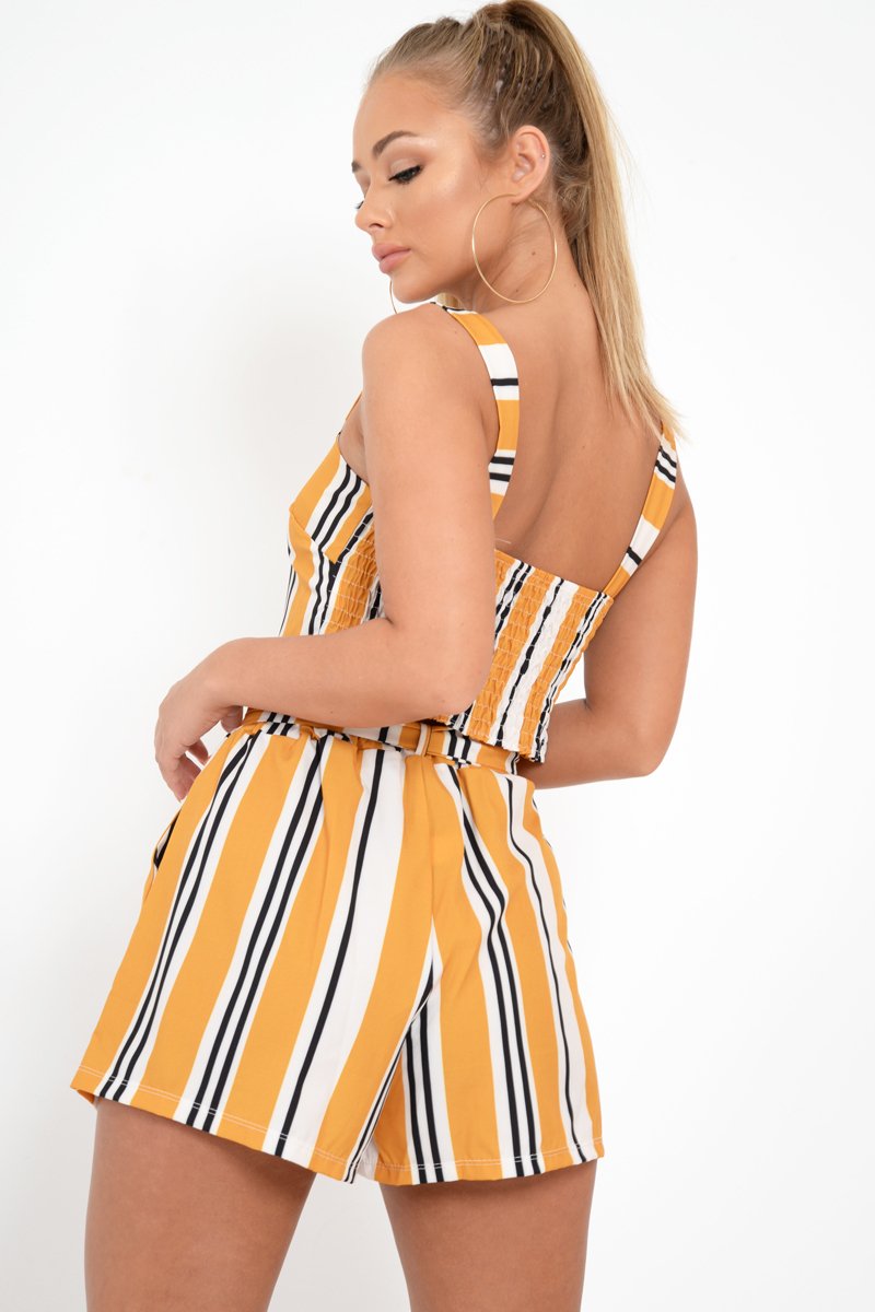 Mustard Stripe Crop Top And Shorts Co-Ord - Taizley-Co-ords