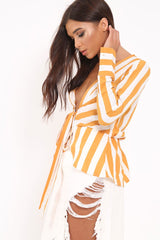 Mustard Stripe Plunge Tie Front Shirt - Halina-Shirts